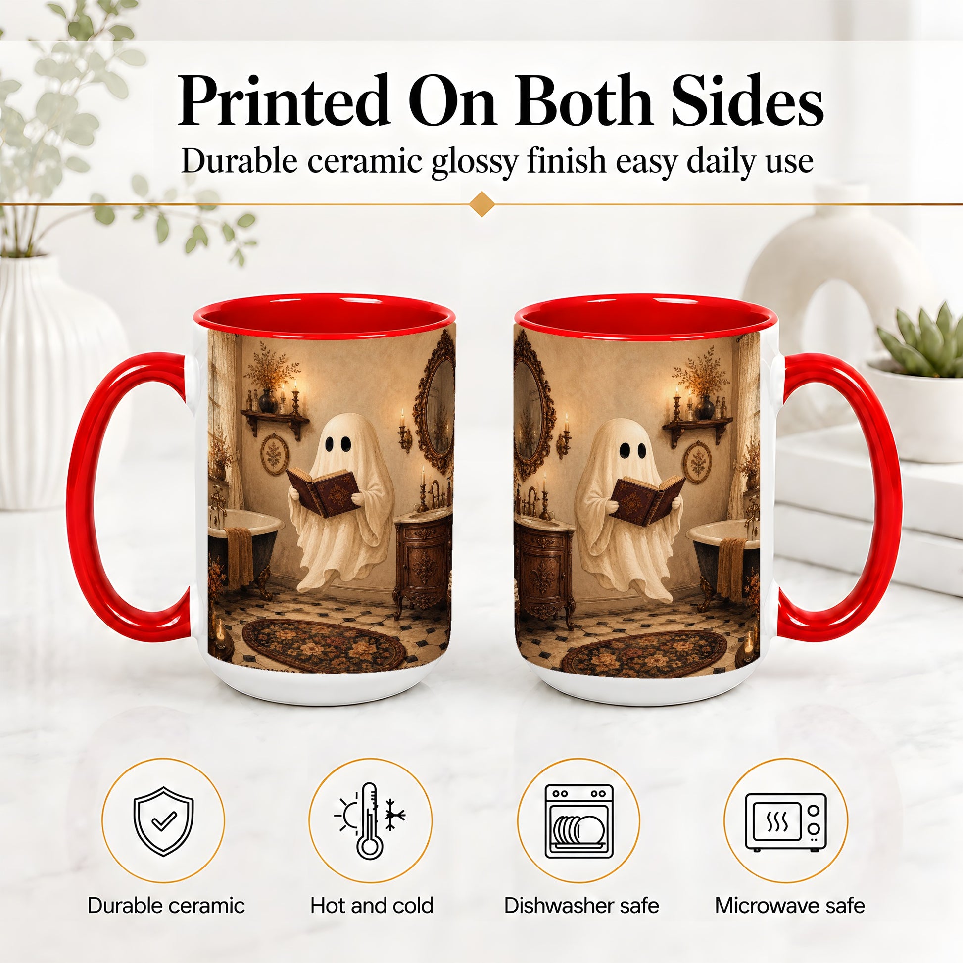 #pl[15oz|Red] Reading Ghost Ceramic Mug, Vintage Bathroom Halloween Art for Readers