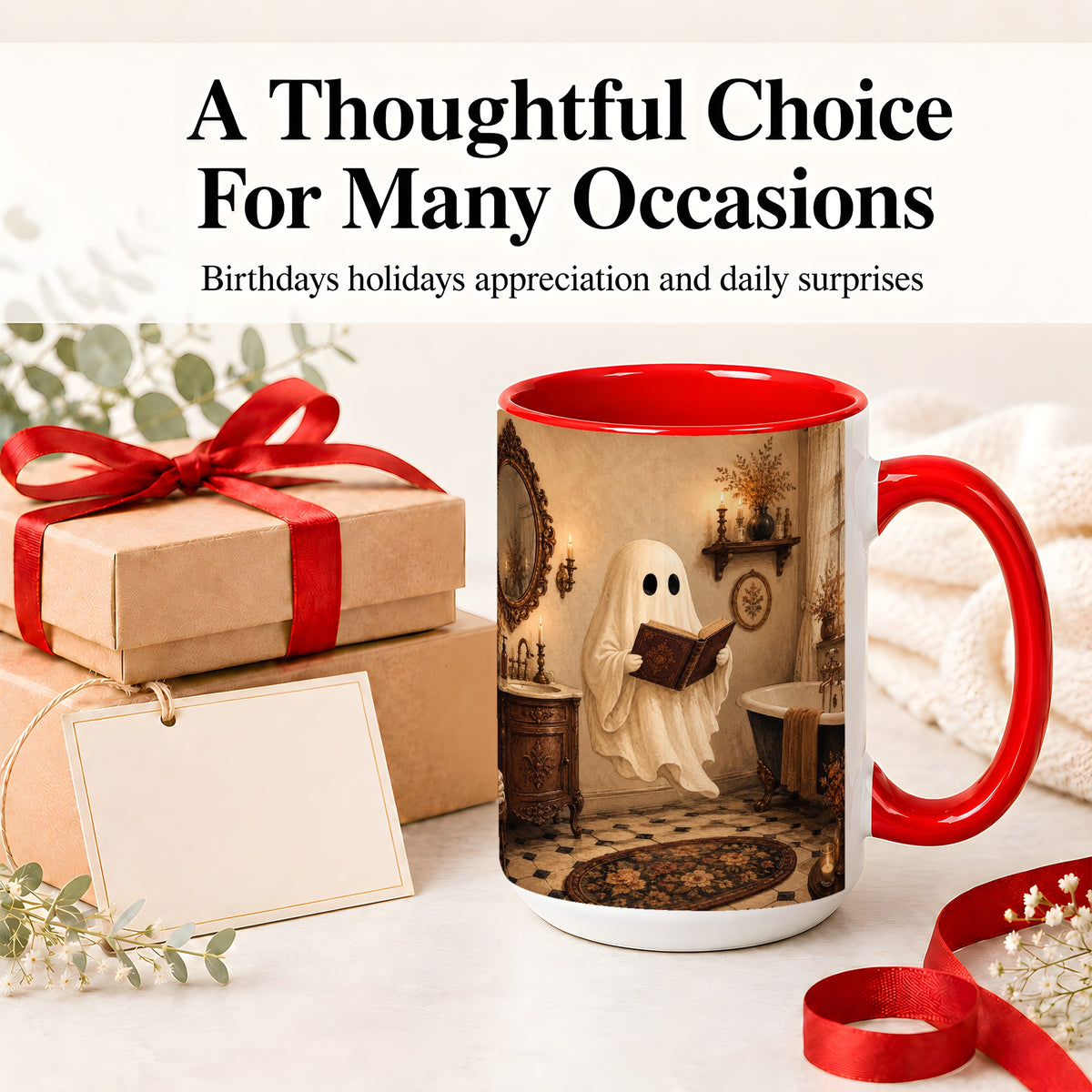 #pl[15oz|Red] Reading Ghost Ceramic Mug, Vintage Bathroom Halloween Art for Readers