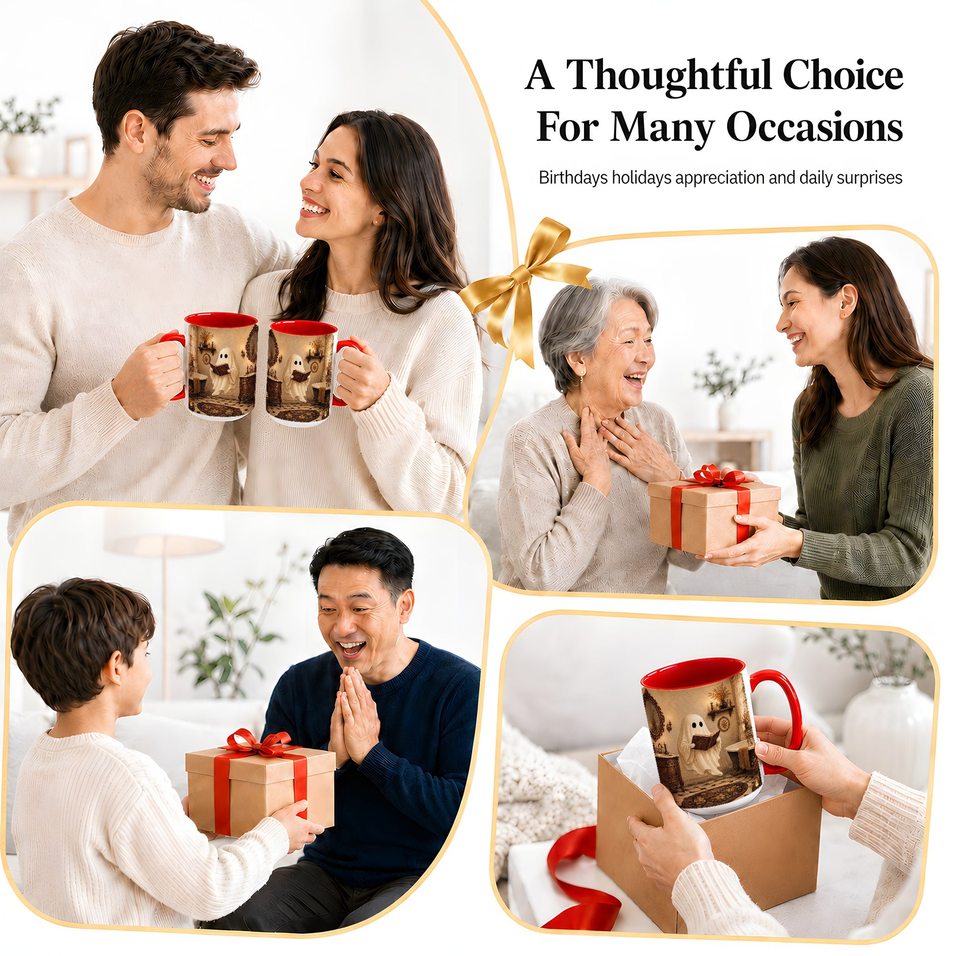 #pl[15oz|Red] Reading Ghost Ceramic Mug, Vintage Bathroom Halloween Art for Readers
