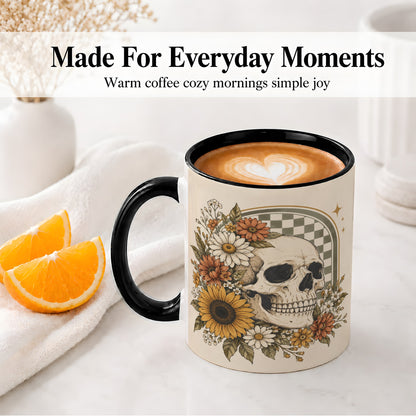 #pl[11oz|Black] Floral Skull Ceramic Mug, Sunflower Daisy Retro Art for Skull Fans