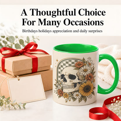#pl[11oz|Green] Floral Skull Ceramic Mug, Sunflower Daisy Retro Art for Skull Fans