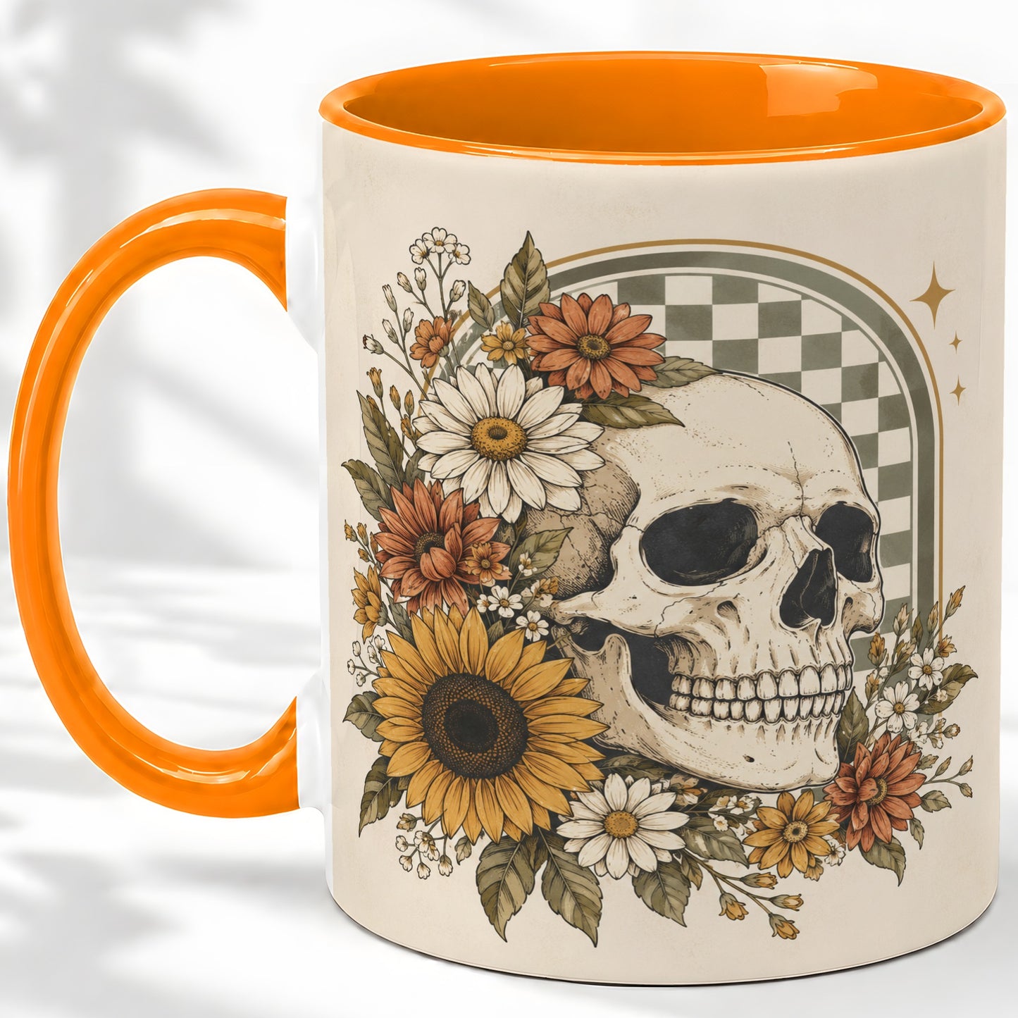 #pl[11oz|Orange] Floral Skull Ceramic Mug, Sunflower Daisy Retro Art for Skull Fans