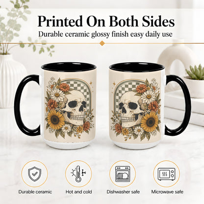 #pl[15oz|Black] Floral Skull Ceramic Mug, Sunflower Daisy Retro Art for Skull Fans