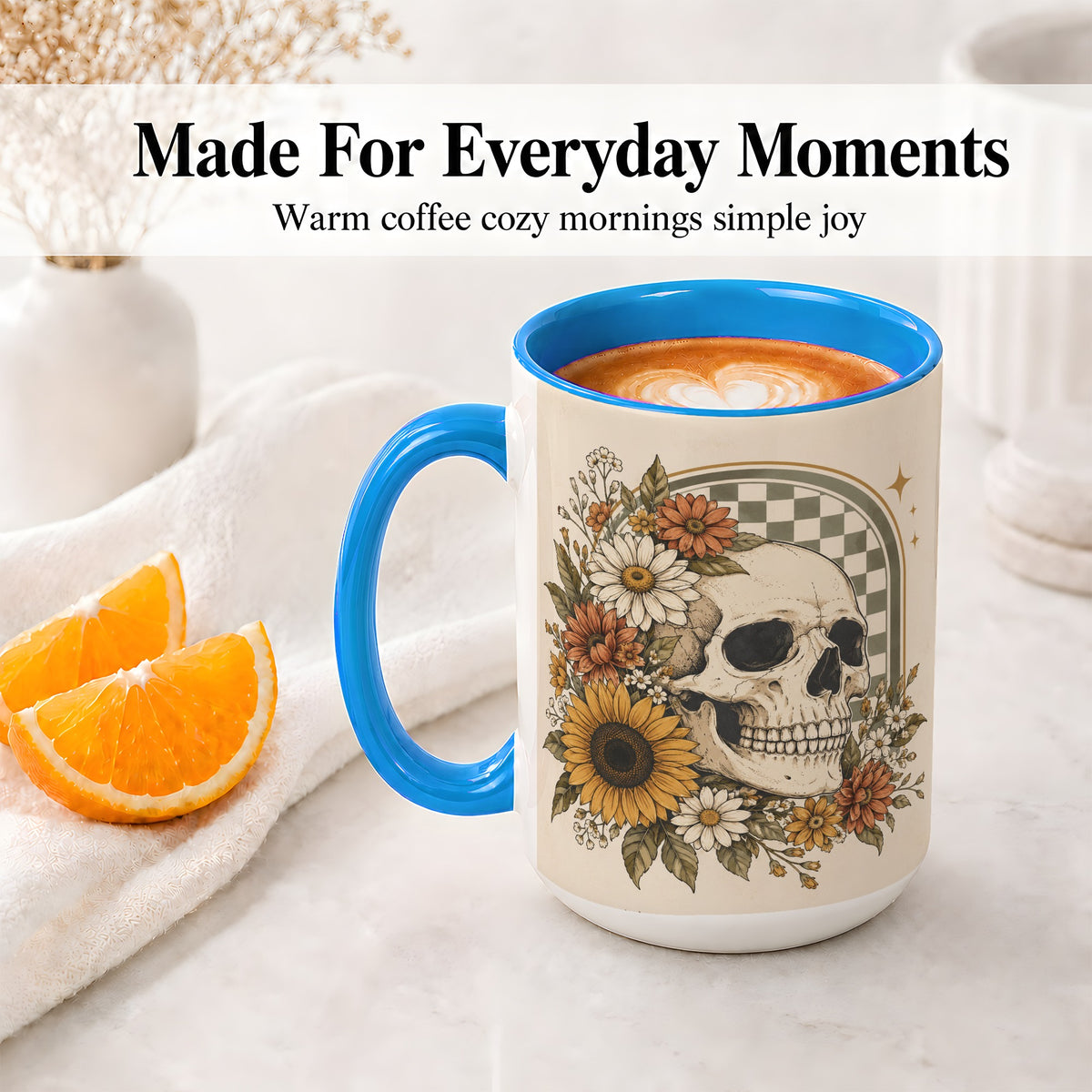 #pl[15oz|Blue] Floral Skull Ceramic Mug, Sunflower Daisy Retro Art for Skull Fans