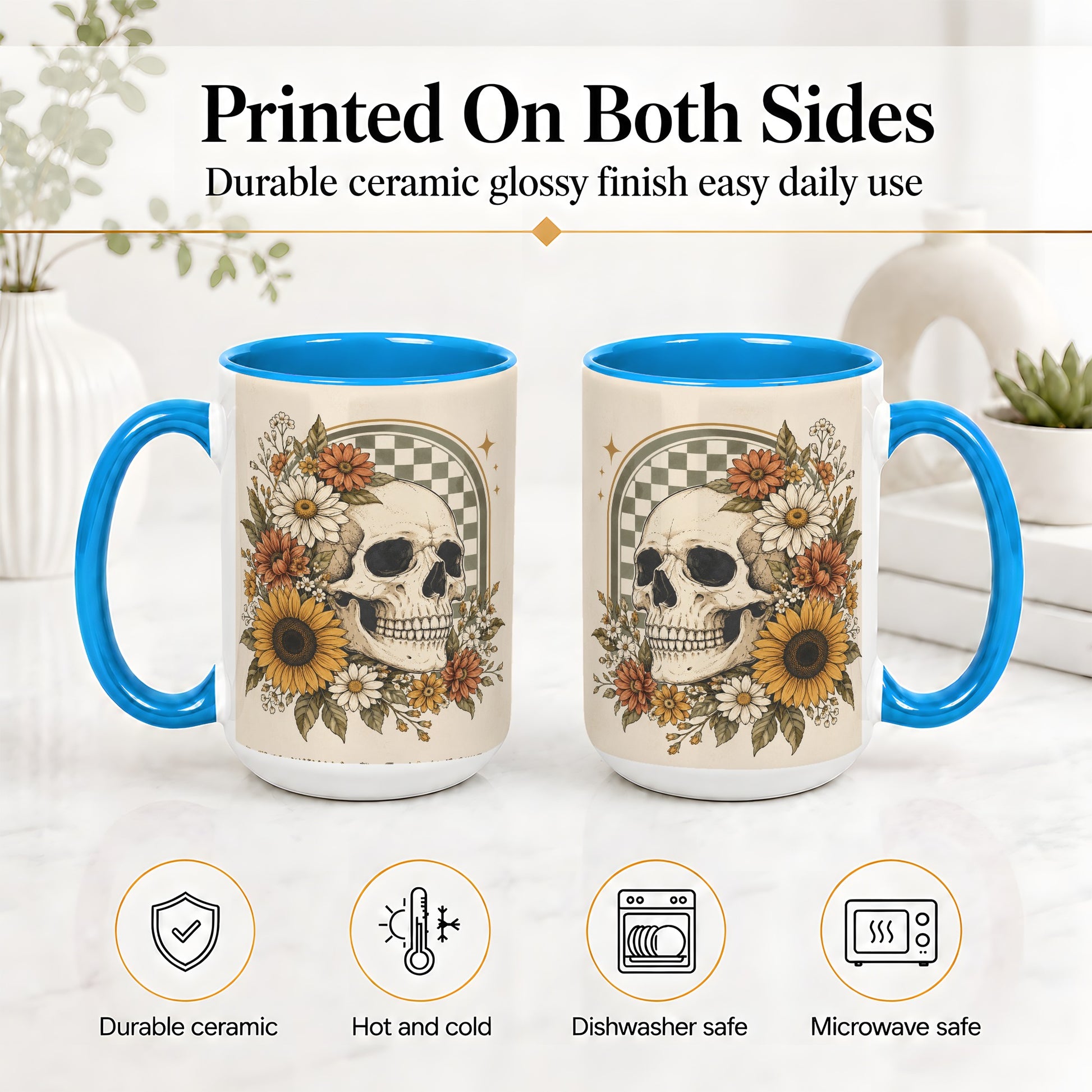 #pl[15oz|Blue] Floral Skull Ceramic Mug, Sunflower Daisy Retro Art for Skull Fans