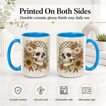 #pl[15oz|Blue] Floral Skull Ceramic Mug, Sunflower Daisy Retro Art for Skull Fans