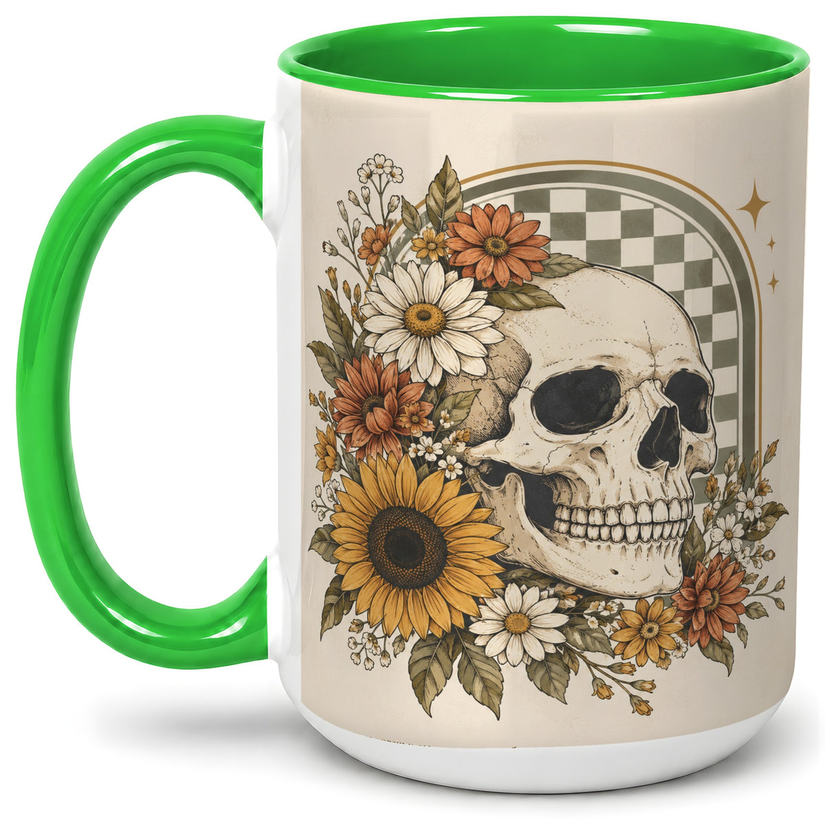#pl[15oz|Green] Floral Skull Ceramic Mug, Sunflower Daisy Retro Art for Skull Fans