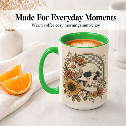 #pl[15oz|Green] Floral Skull Ceramic Mug, Sunflower Daisy Retro Art for Skull Fans