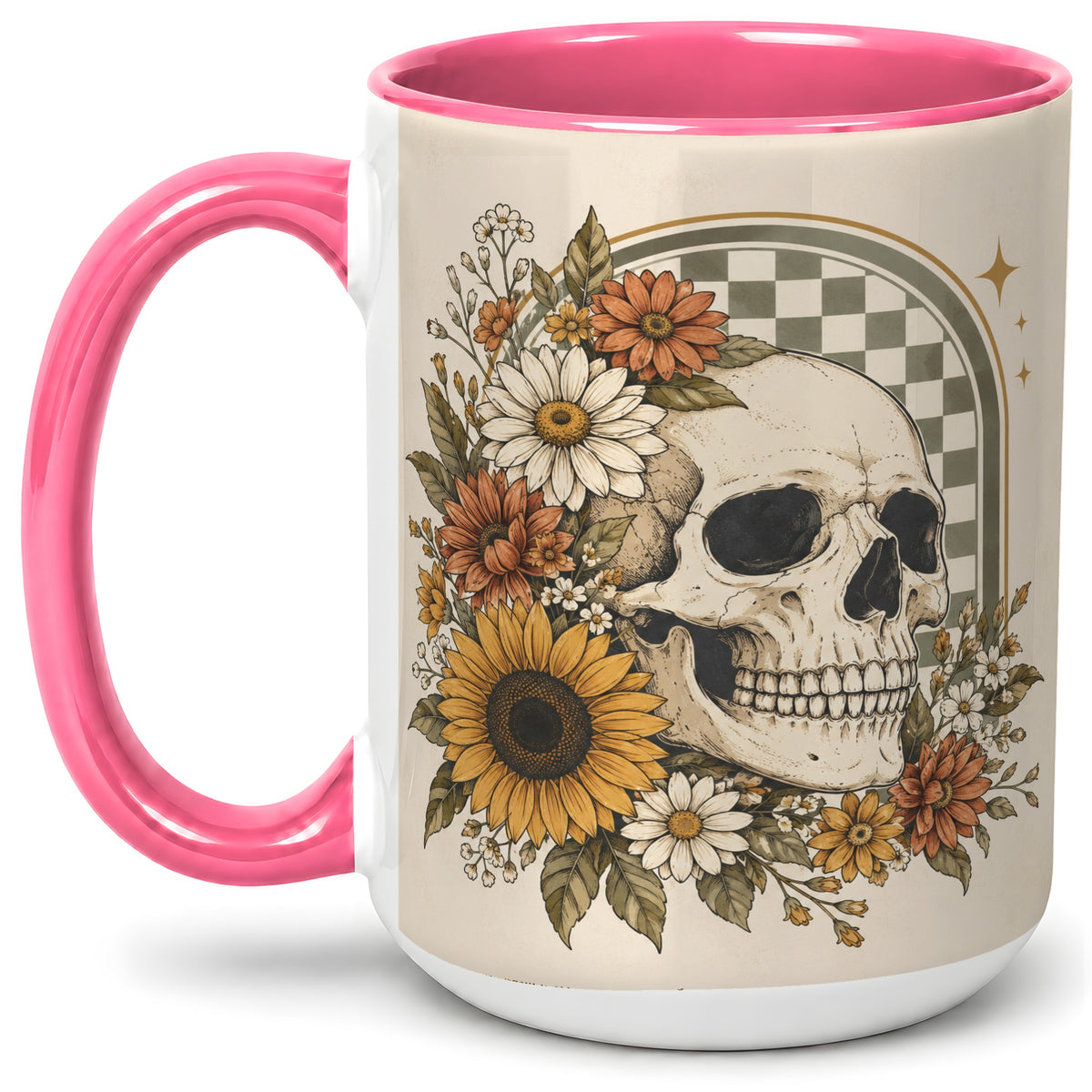#pl[15oz|Pink] Floral Skull Ceramic Mug, Sunflower Daisy Retro Art for Skull Fans