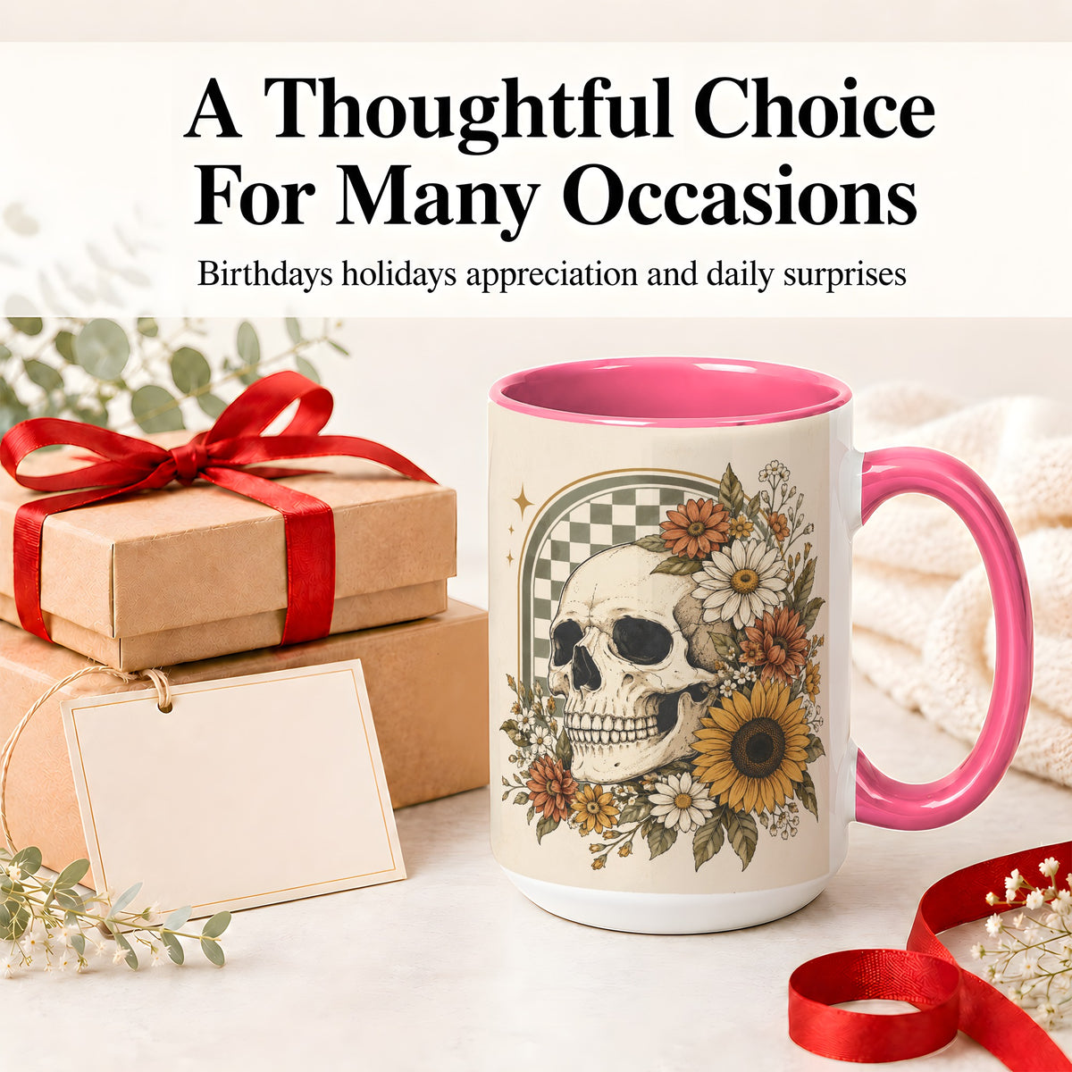 #pl[15oz|Pink] Floral Skull Ceramic Mug, Sunflower Daisy Retro Art for Skull Fans