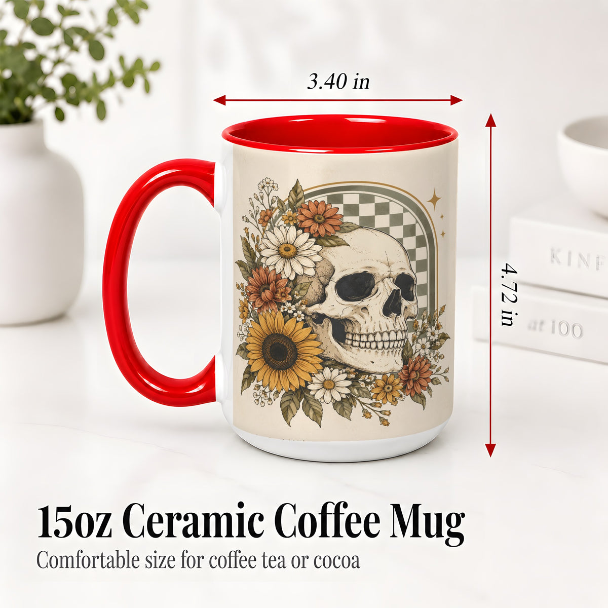 #pl[15oz|Red] Floral Skull Ceramic Mug, Sunflower Daisy Retro Art for Skull Fans