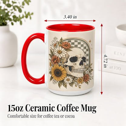 #pl[15oz|Red] Floral Skull Ceramic Mug, Sunflower Daisy Retro Art for Skull Fans