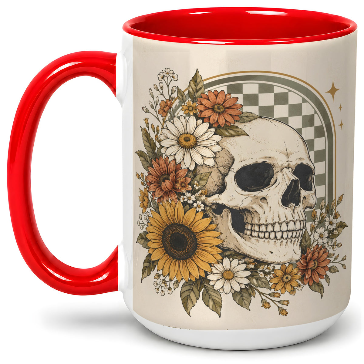 #pl[15oz|Red] Floral Skull Ceramic Mug, Sunflower Daisy Retro Art for Skull Fans