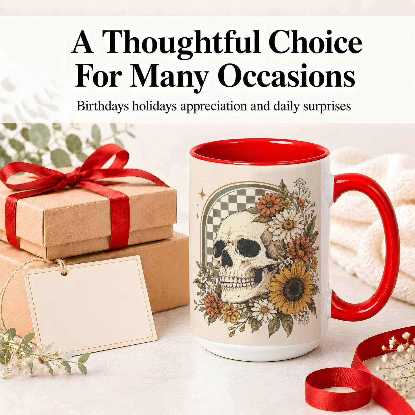 #pl[15oz|Red] Floral Skull Ceramic Mug, Sunflower Daisy Retro Art for Skull Fans