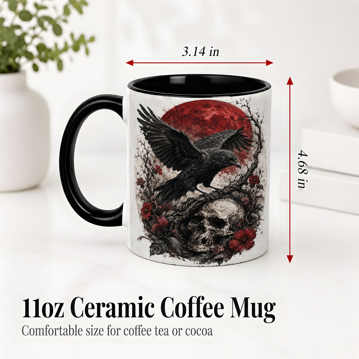 #pl[11oz|Black] Raven Skull Ceramic Mug, Red Moon Gothic Floral Art for Raven Fans