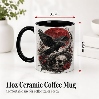 #pl[11oz|Black] Raven Skull Ceramic Mug, Red Moon Gothic Floral Art for Raven Fans