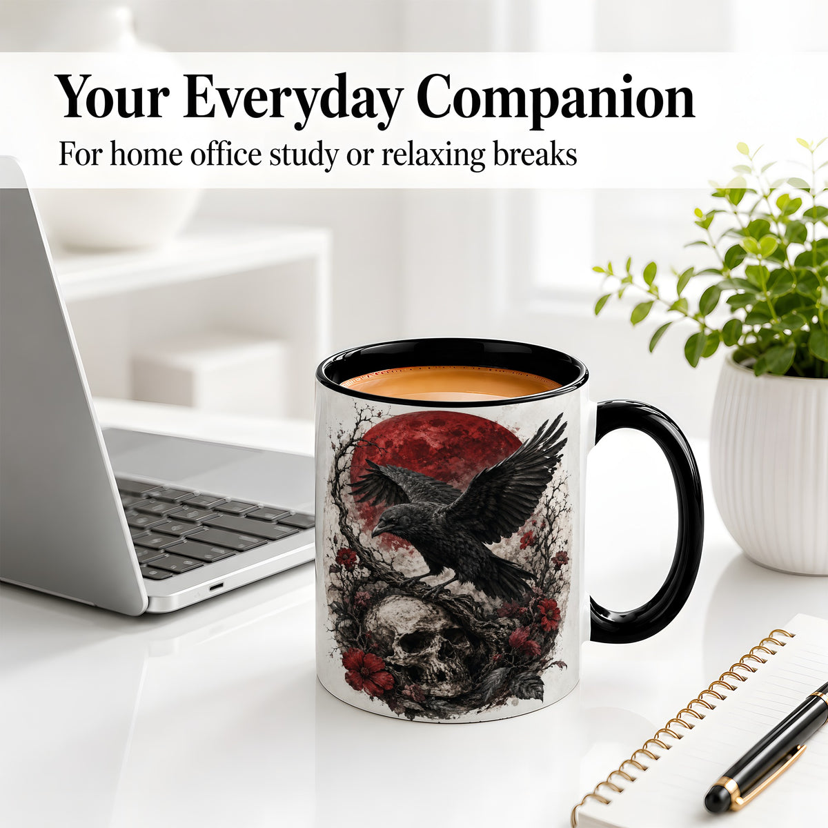#pl[11oz|Black] Raven Skull Ceramic Mug, Red Moon Gothic Floral Art for Raven Fans