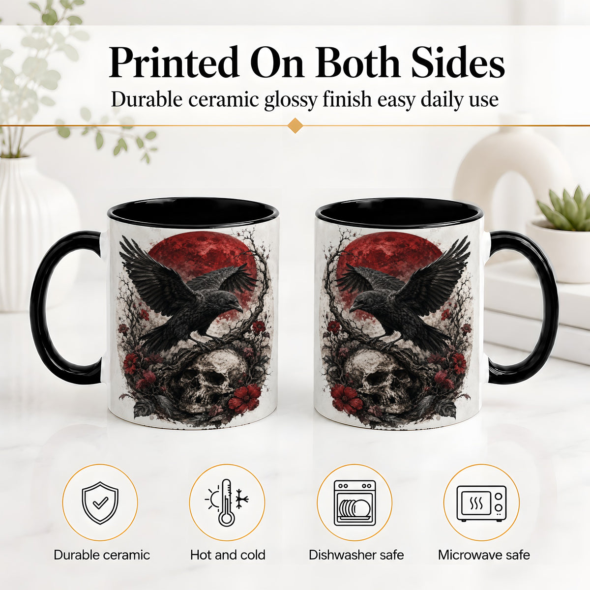 #pl[11oz|Black] Raven Skull Ceramic Mug, Red Moon Gothic Floral Art for Raven Fans