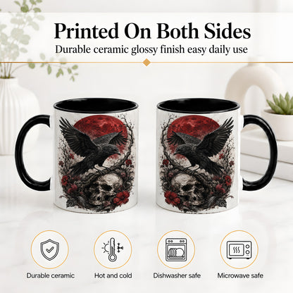 #pl[11oz|Black] Raven Skull Ceramic Mug, Red Moon Gothic Floral Art for Raven Fans