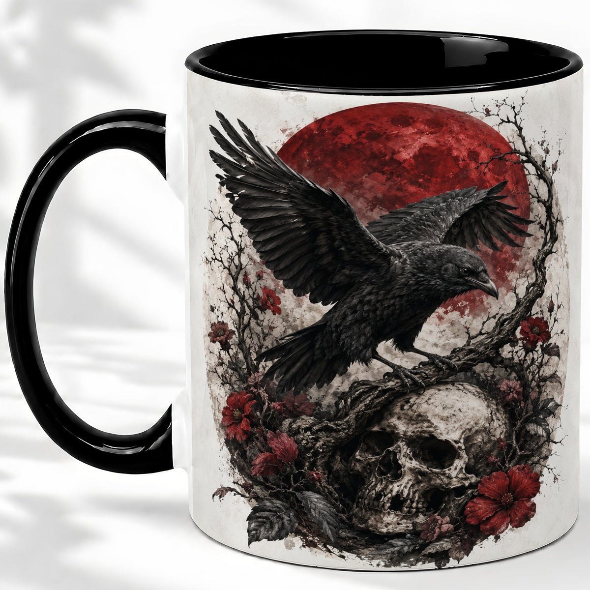 #pl[11oz|Black] Raven Skull Ceramic Mug, Red Moon Gothic Floral Art for Raven Fans
