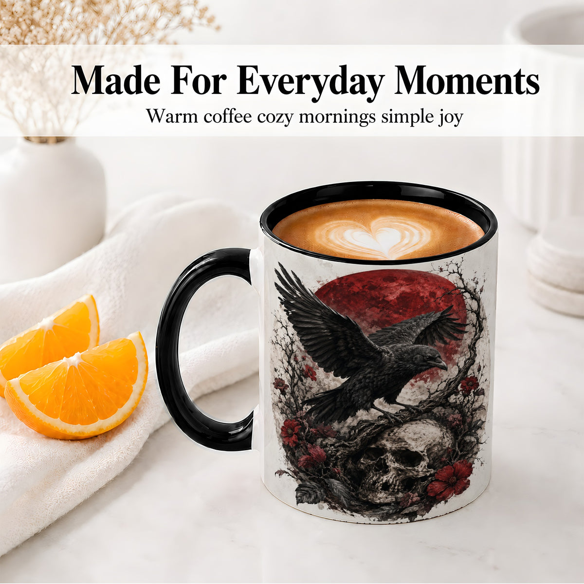#pl[11oz|Black] Raven Skull Ceramic Mug, Red Moon Gothic Floral Art for Raven Fans