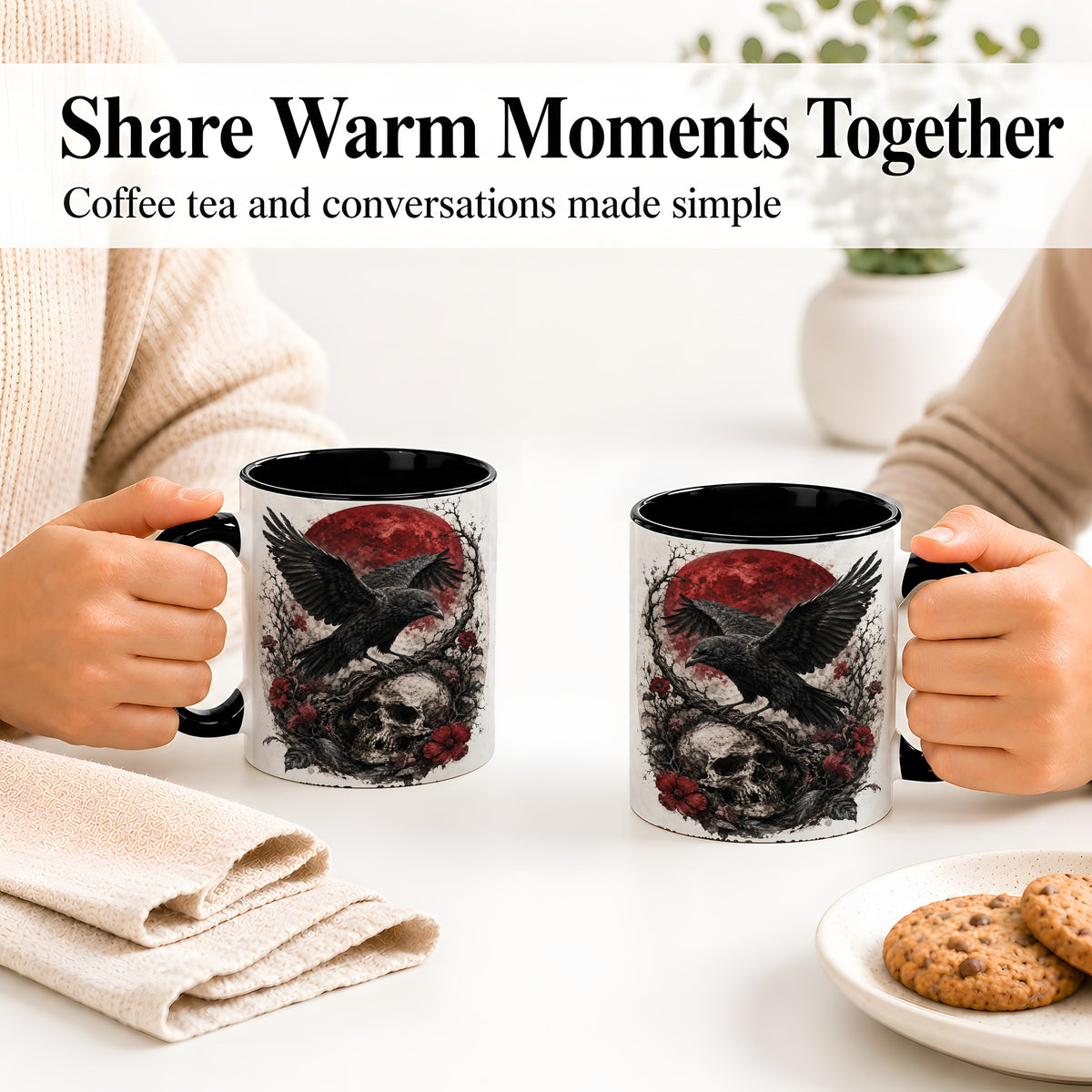 #pl[11oz|Black] Raven Skull Ceramic Mug, Red Moon Gothic Floral Art for Raven Fans