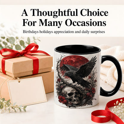 #pl[11oz|Black] Raven Skull Ceramic Mug, Red Moon Gothic Floral Art for Raven Fans