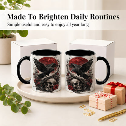 #pl[11oz|Black] Raven Skull Ceramic Mug, Red Moon Gothic Floral Art for Raven Fans