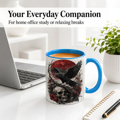 #pl[11oz|Blue] Raven Skull Ceramic Mug, Red Moon Gothic Floral Art for Raven Fans