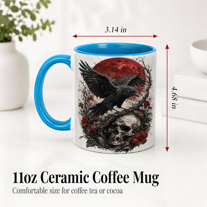 #pl[11oz|Blue] Raven Skull Ceramic Mug, Red Moon Gothic Floral Art for Raven Fans