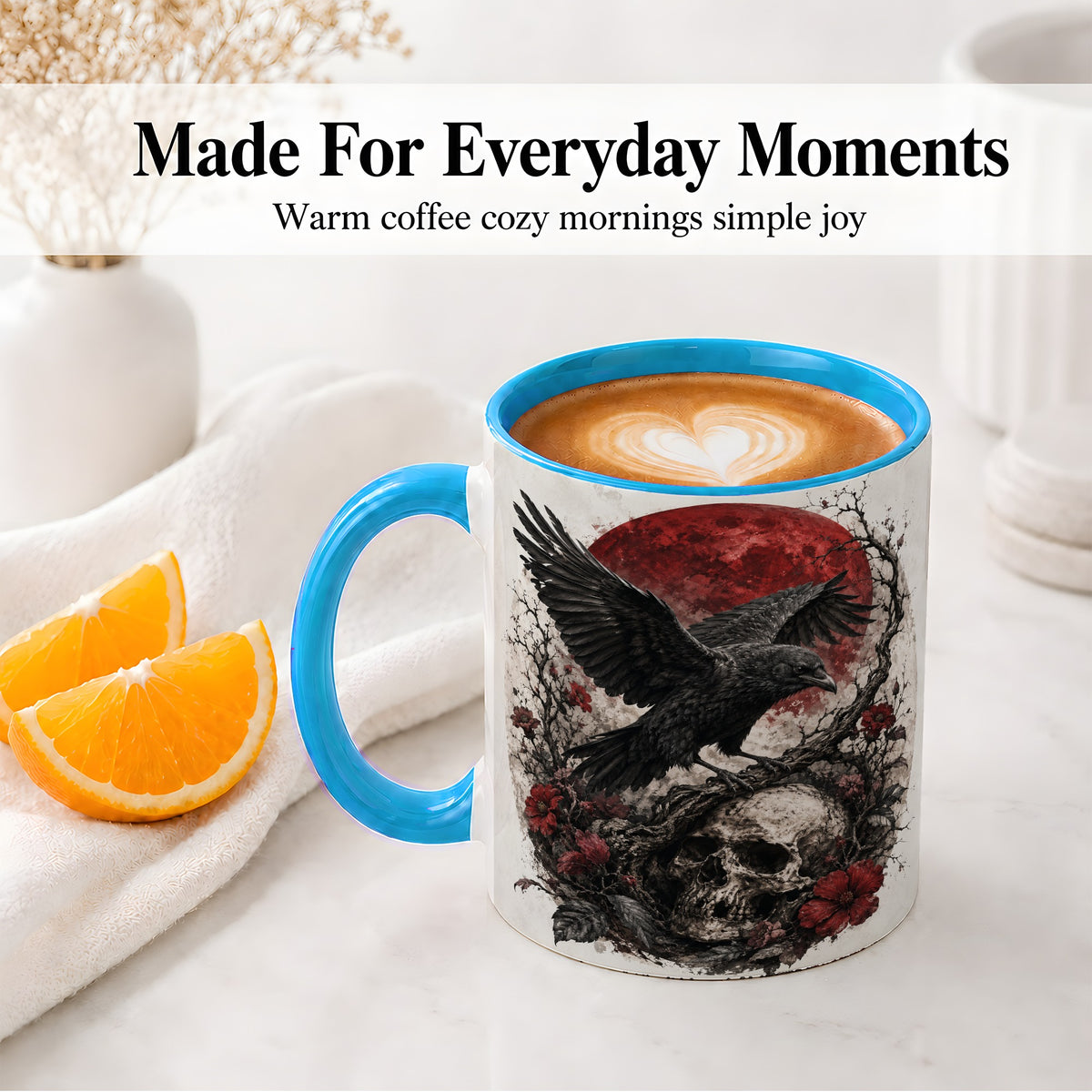 #pl[11oz|Blue] Raven Skull Ceramic Mug, Red Moon Gothic Floral Art for Raven Fans