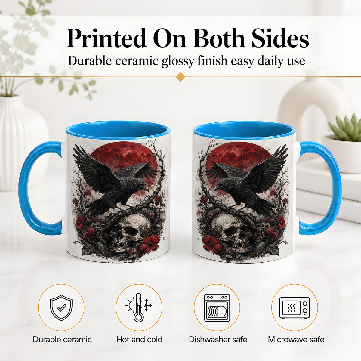 #pl[11oz|Blue] Raven Skull Ceramic Mug, Red Moon Gothic Floral Art for Raven Fans