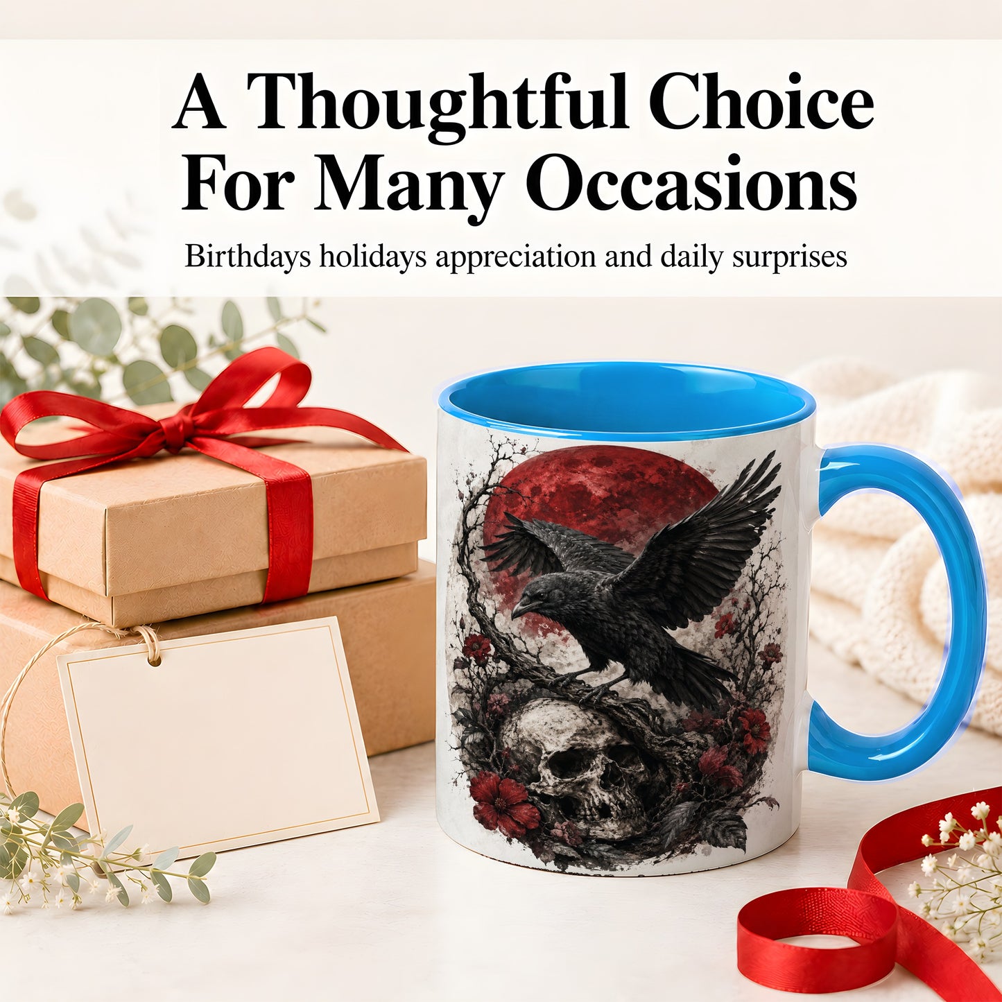 #pl[11oz|Blue] Raven Skull Ceramic Mug, Red Moon Gothic Floral Art for Raven Fans