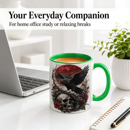 #pl[11oz|Green] Raven Skull Ceramic Mug, Red Moon Gothic Floral Art for Raven Fans