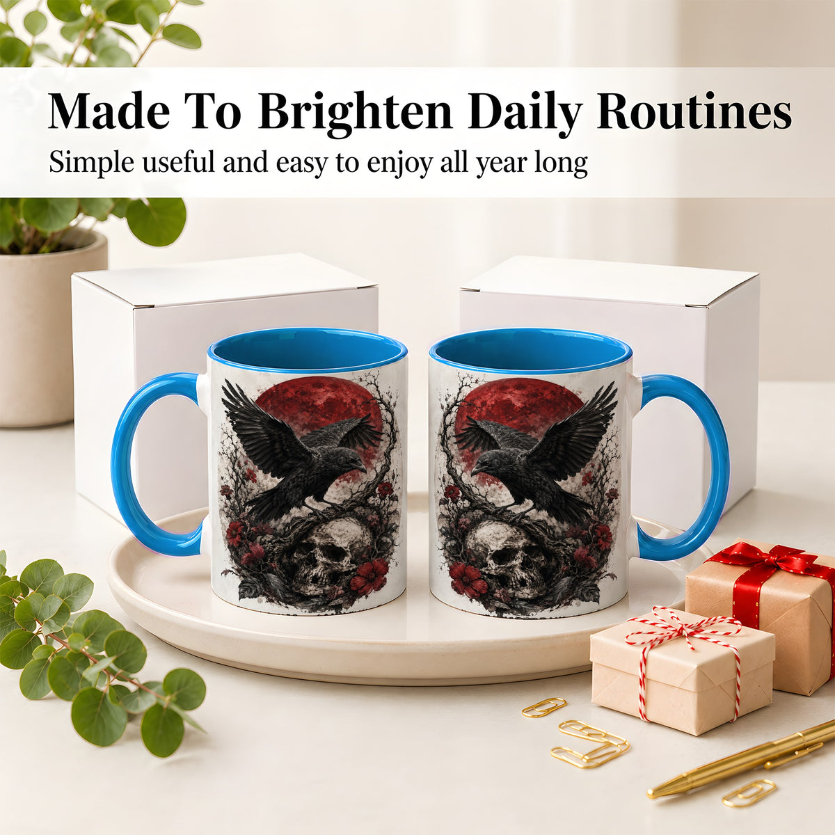 #pl[11oz|Blue] Raven Skull Ceramic Mug, Red Moon Gothic Floral Art for Raven Fans