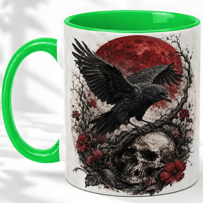 #pl[11oz|Green] Raven Skull Ceramic Mug, Red Moon Gothic Floral Art for Raven Fans