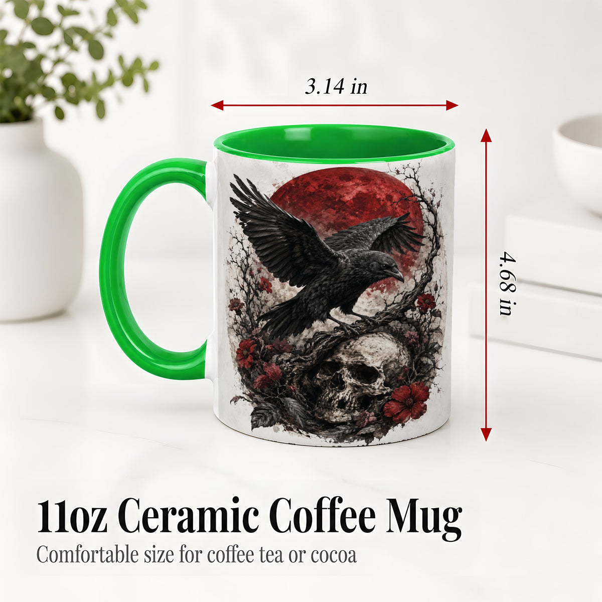 #pl[11oz|Green] Raven Skull Ceramic Mug, Red Moon Gothic Floral Art for Raven Fans