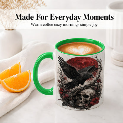#pl[11oz|Green] Raven Skull Ceramic Mug, Red Moon Gothic Floral Art for Raven Fans