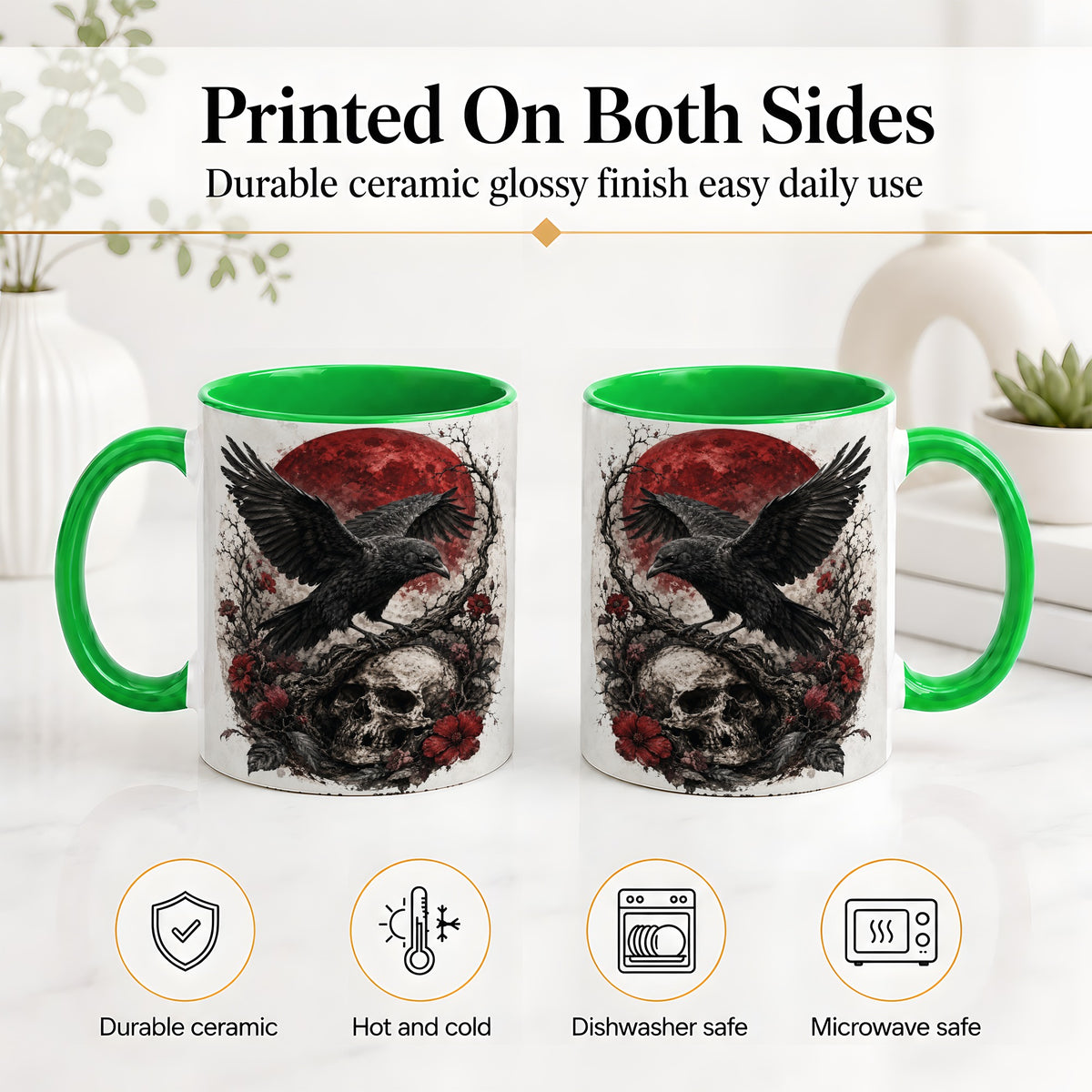 #pl[11oz|Green] Raven Skull Ceramic Mug, Red Moon Gothic Floral Art for Raven Fans