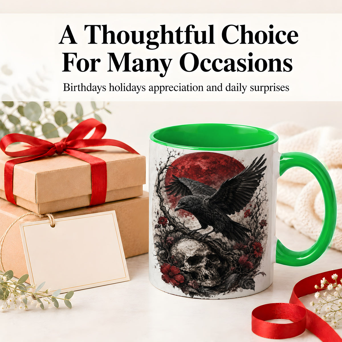 #pl[11oz|Green] Raven Skull Ceramic Mug, Red Moon Gothic Floral Art for Raven Fans