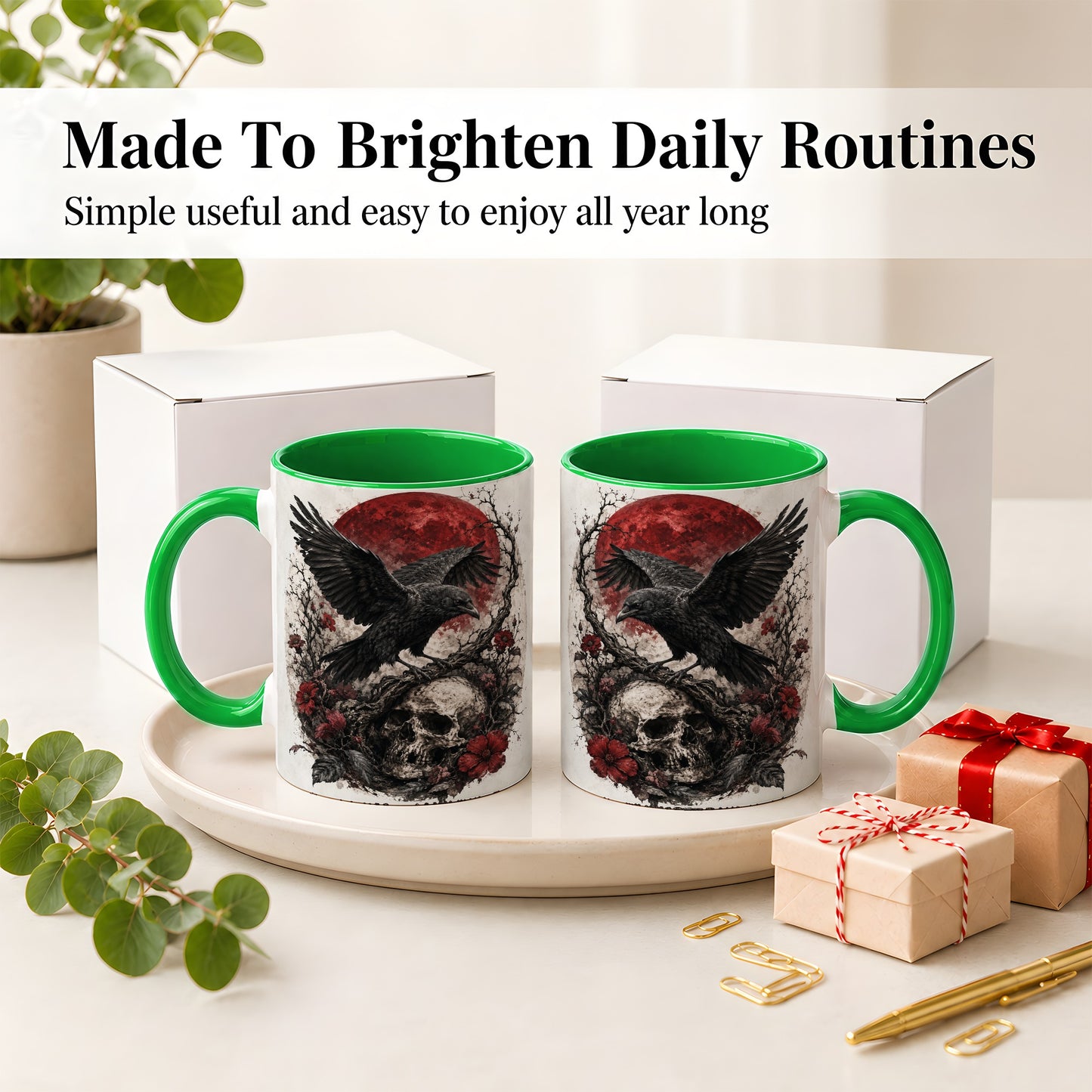 #pl[11oz|Green] Raven Skull Ceramic Mug, Red Moon Gothic Floral Art for Raven Fans