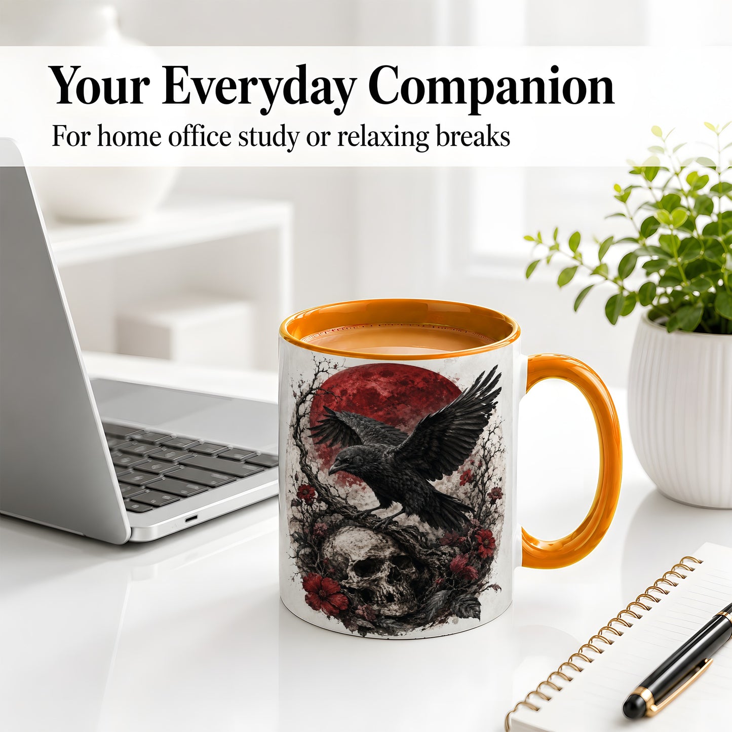 #pl[11oz|Orange] Raven Skull Ceramic Mug, Red Moon Gothic Floral Art for Raven Fans