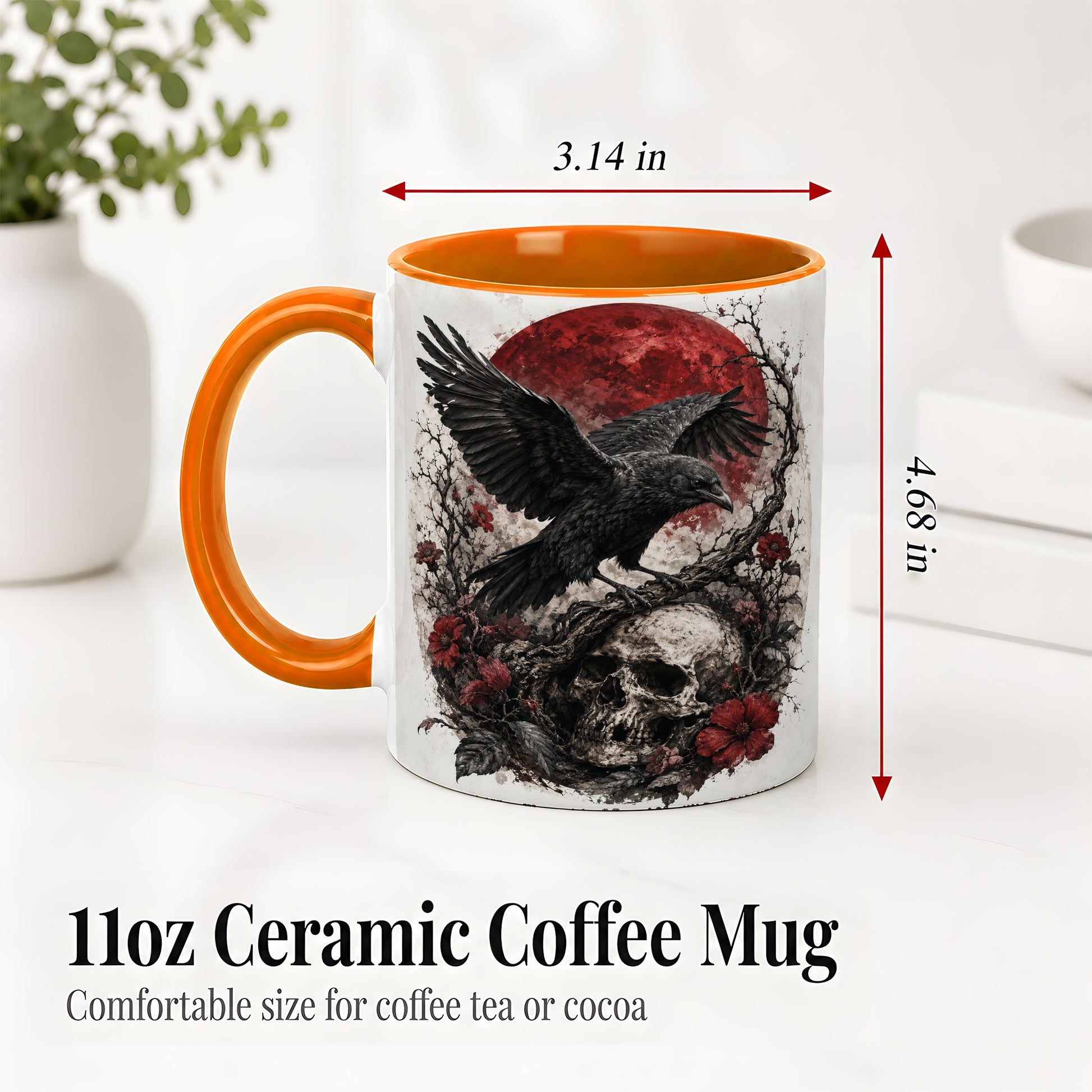 #pl[11oz|Orange] Raven Skull Ceramic Mug, Red Moon Gothic Floral Art for Raven Fans