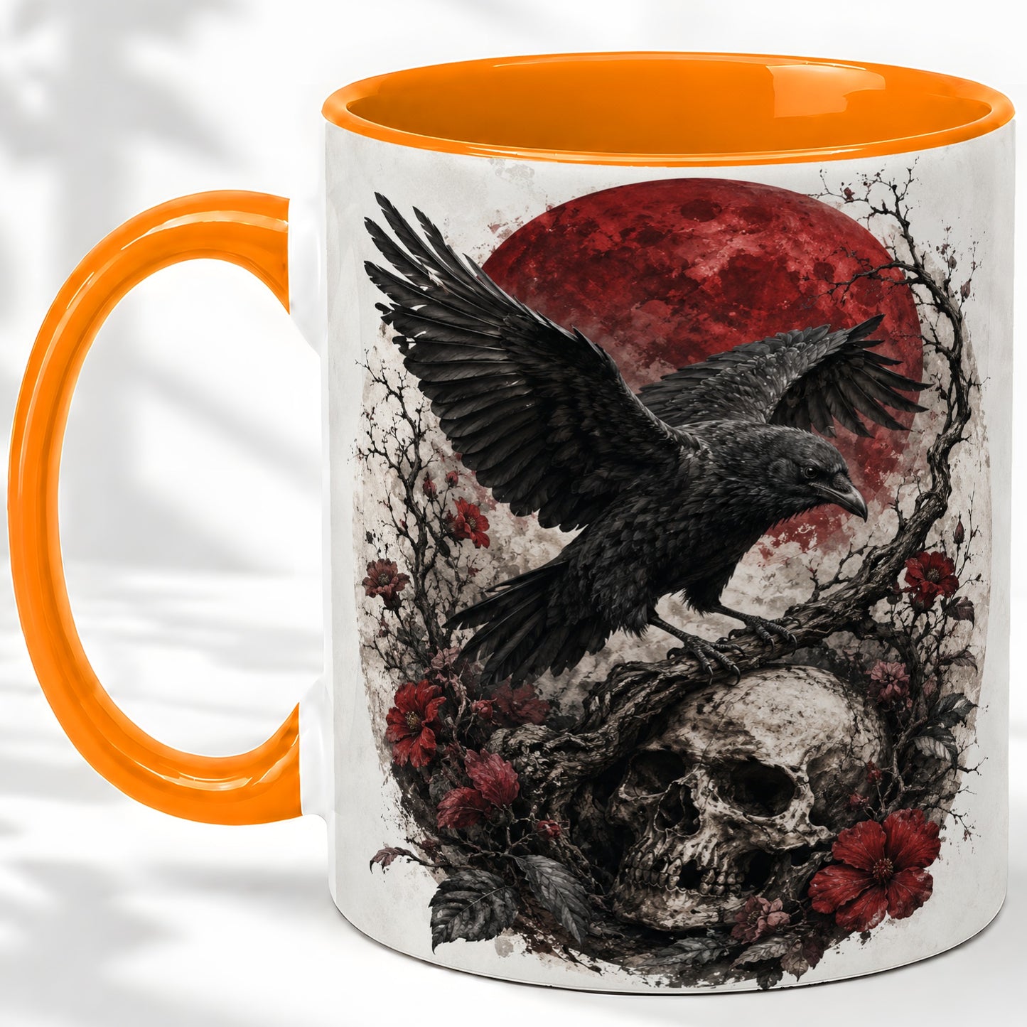 #pl[11oz|Orange] Raven Skull Ceramic Mug, Red Moon Gothic Floral Art for Raven Fans