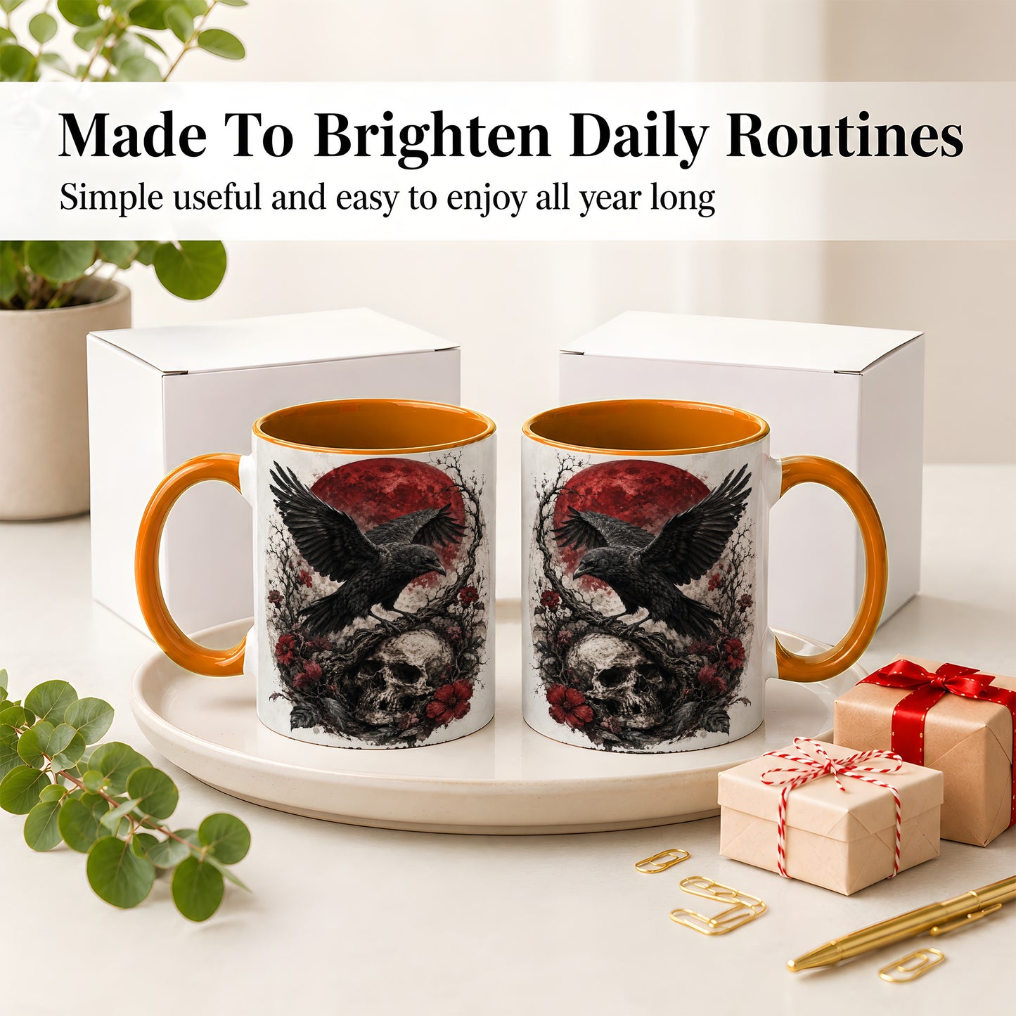 #pl[11oz|Orange] Raven Skull Ceramic Mug, Red Moon Gothic Floral Art for Raven Fans