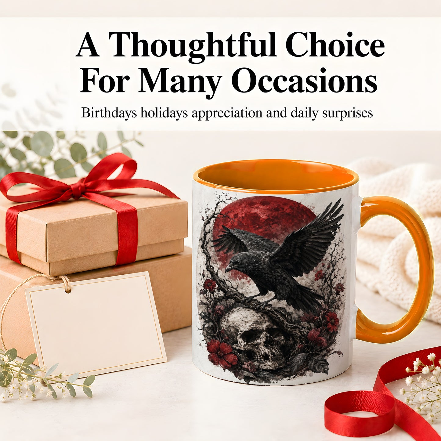 #pl[11oz|Orange] Raven Skull Ceramic Mug, Red Moon Gothic Floral Art for Raven Fans