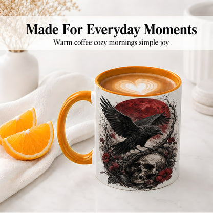 #pl[11oz|Orange] Raven Skull Ceramic Mug, Red Moon Gothic Floral Art for Raven Fans
