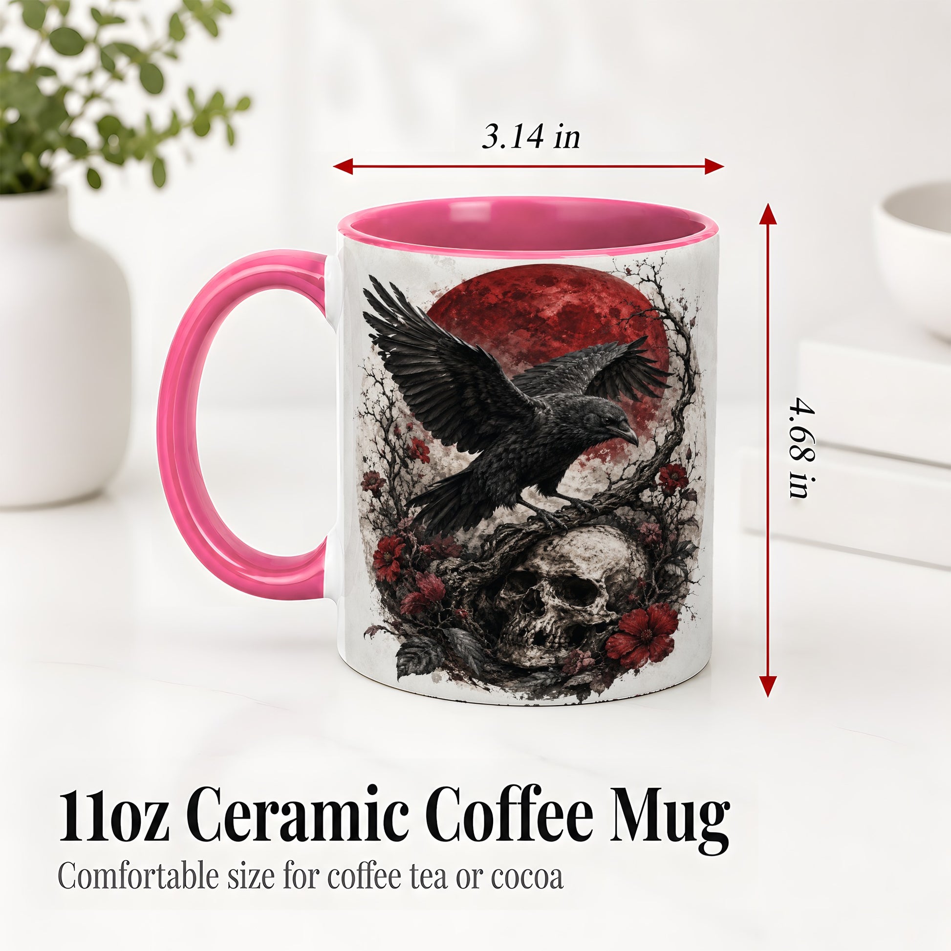 #pl[11oz|Pink] Raven Skull Ceramic Mug, Red Moon Gothic Floral Art for Raven Fans