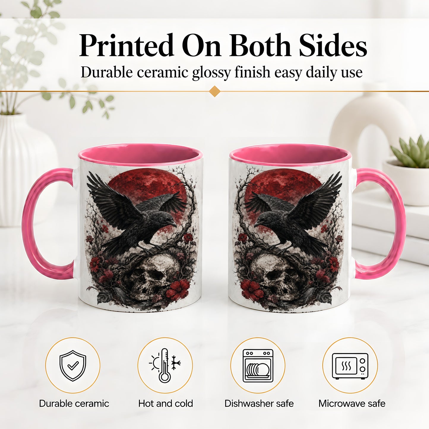 #pl[11oz|Pink] Raven Skull Ceramic Mug, Red Moon Gothic Floral Art for Raven Fans