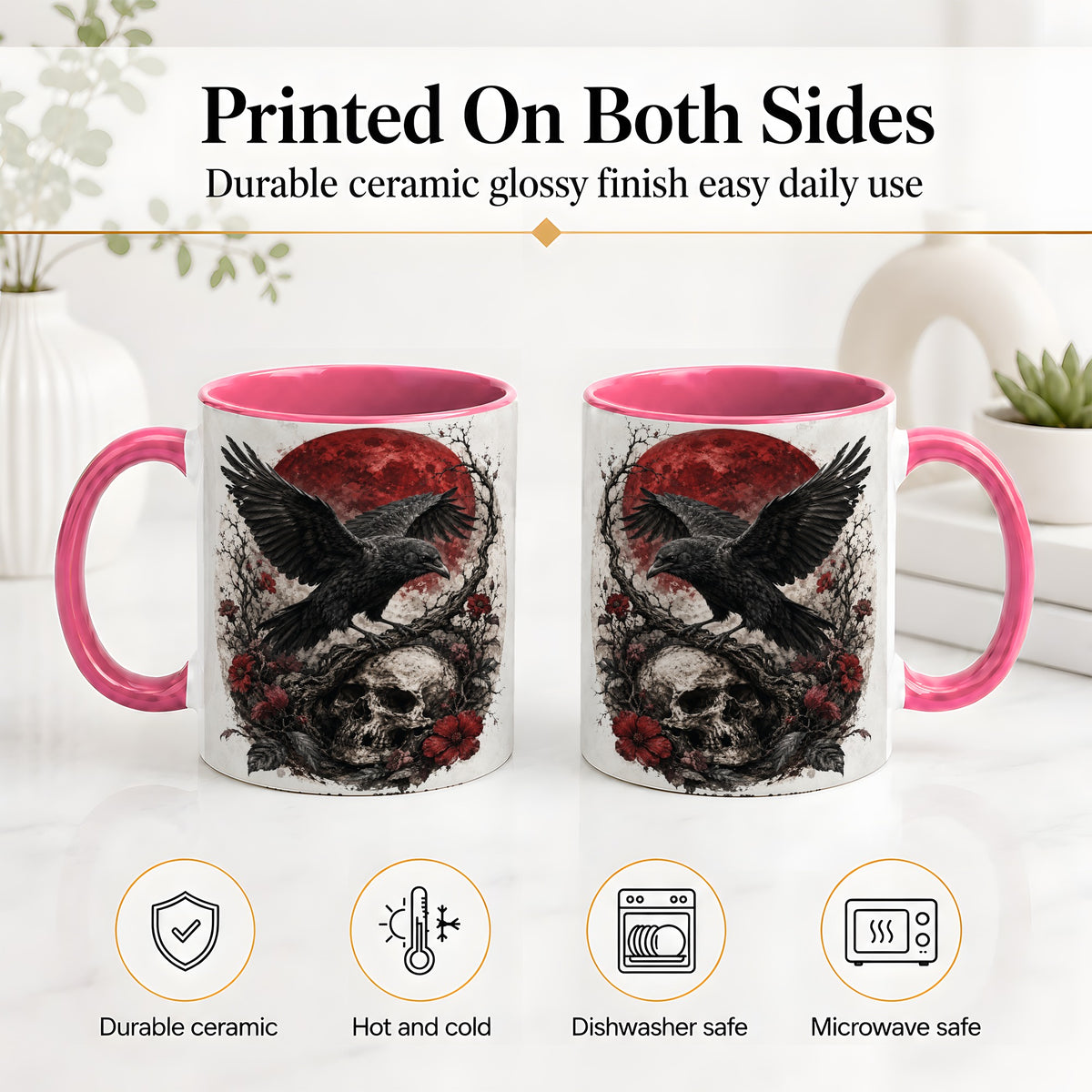 #pl[11oz|Pink] Raven Skull Ceramic Mug, Red Moon Gothic Floral Art for Raven Fans